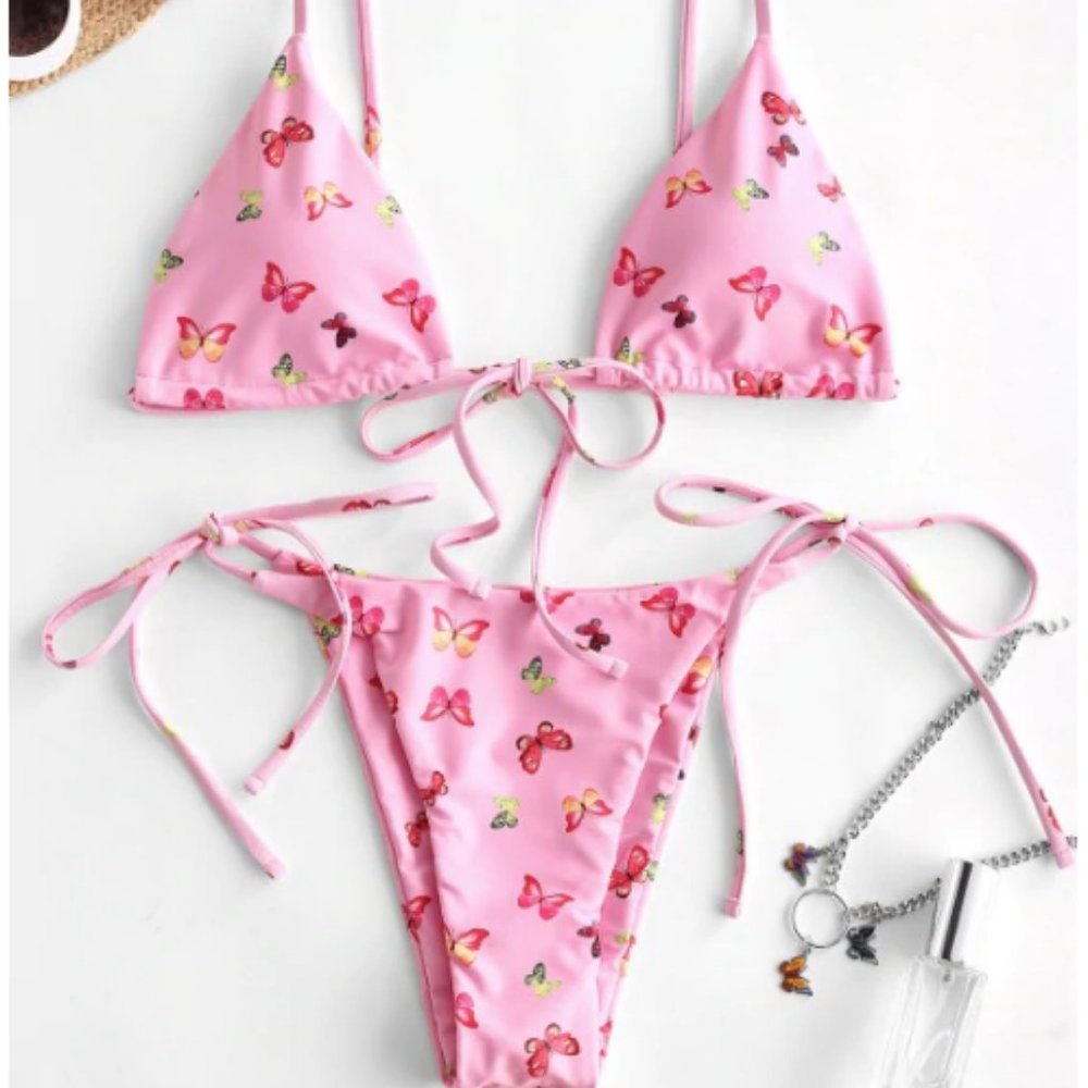 ZAFUL Butterfly Print Tie String Bikini Swimwear